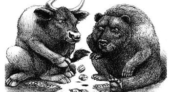A bull and bear are playing dice.