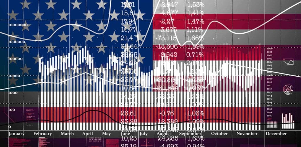 A flag of the united states with various data on it.
