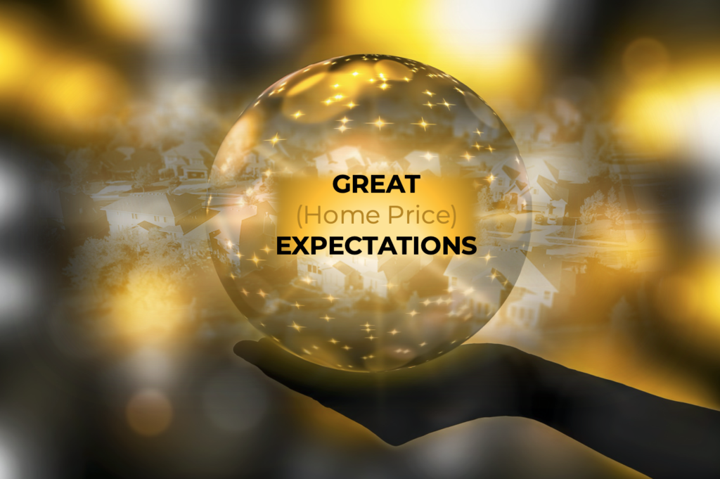 A hand holding a glass ball with the words " great expectations " in it.